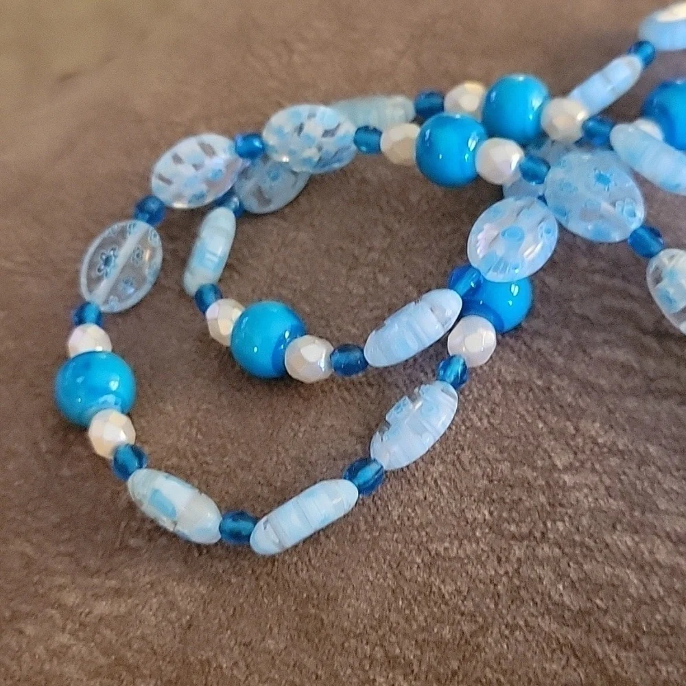 HANDMADE Aqua Floral Millefiori Glass Beaded Lanyard - Picture 3 of 5